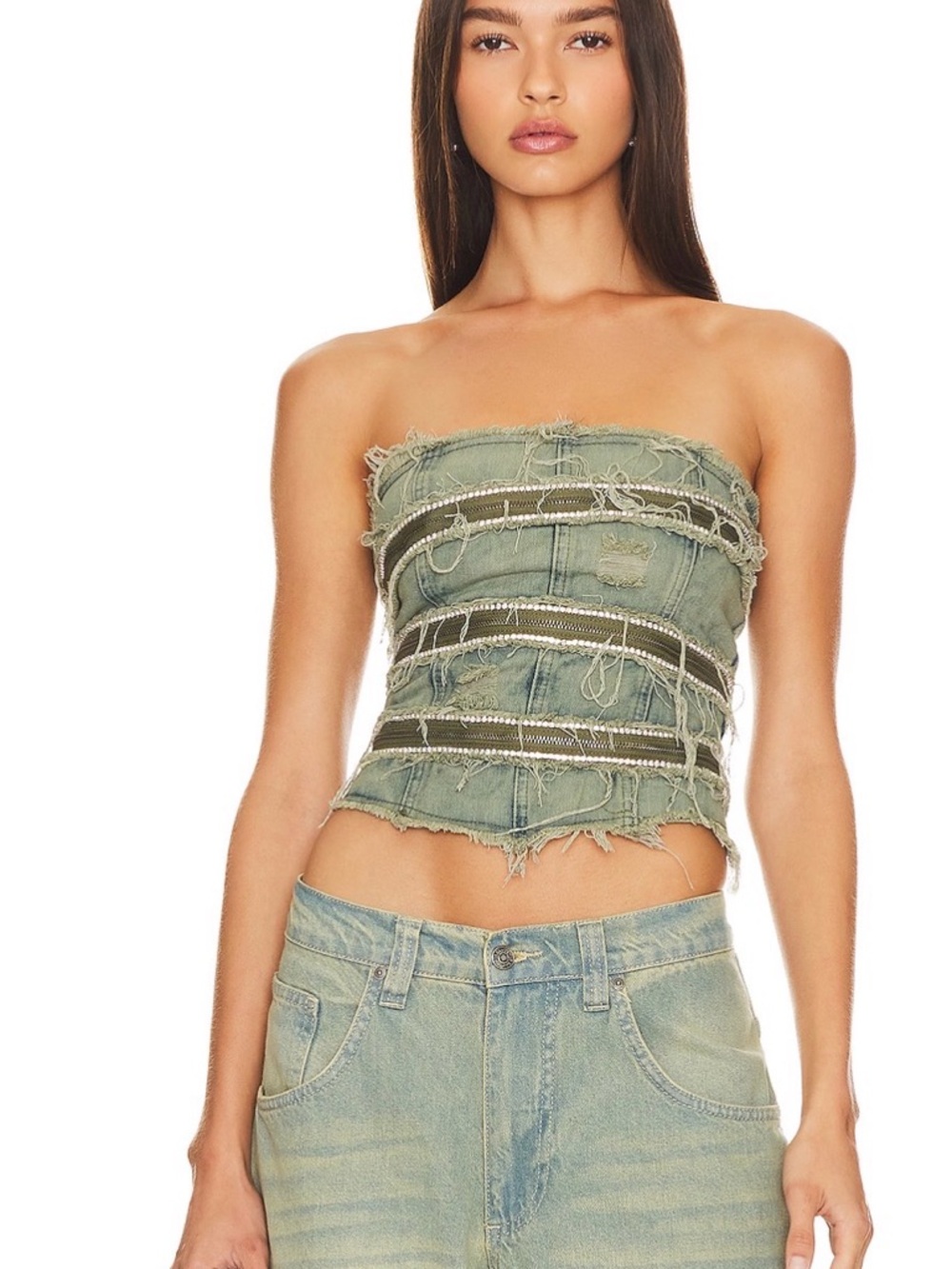 Jaded London Olive Green Distressed Strapless Denim Tube Top
